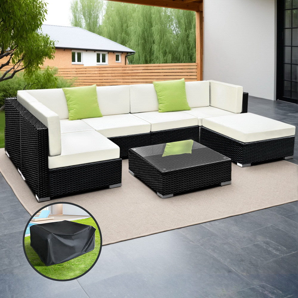7-Piece Outdoor Sofa Set Wicker Couch Lounge Setting Cover