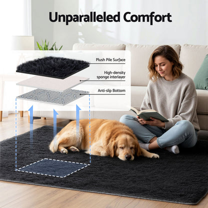 140x200cm Plush Area Shaggy Rug Living Room Bedroom Carpet Black