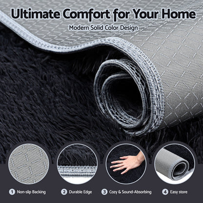 140x200cm Plush Area Shaggy Rug Living Room Bedroom Carpet Black