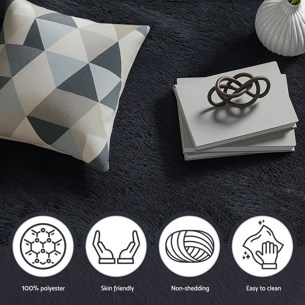 140x200cm Plush Area Shaggy Rug Living Room Bedroom Carpet Black