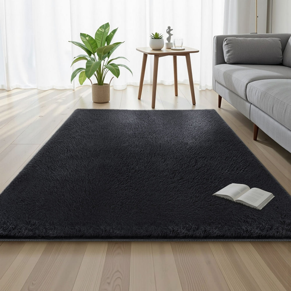 140x200cm Plush Area Shaggy Rug Living Room Bedroom Carpet Black