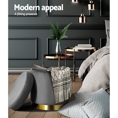 Ottoman Storage Foot Stool Round Velvet - Charcoal