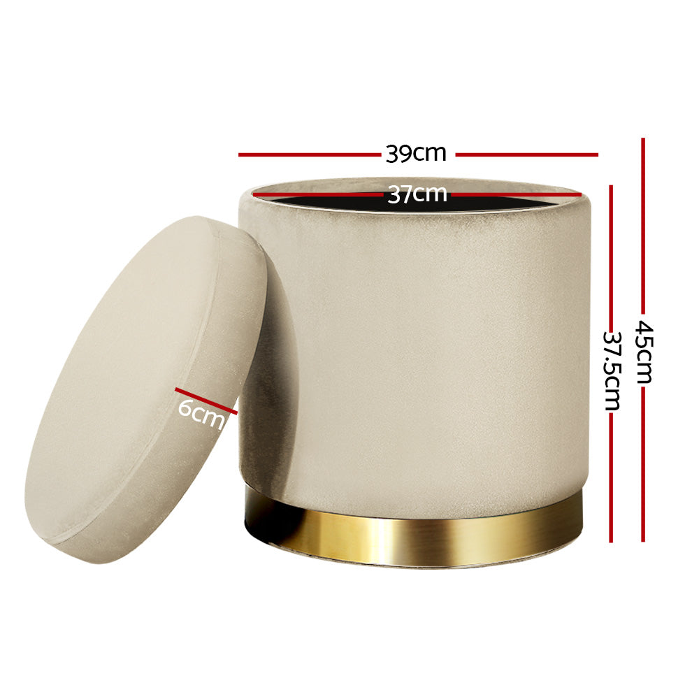 Ottoman Storage Foot Stool Round Velvet - Cream