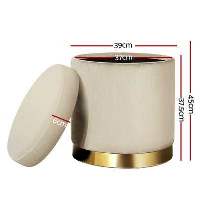 Ottoman Storage Foot Stool Round Velvet - Cream