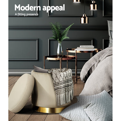 Ottoman Storage Foot Stool Round Velvet - Cream