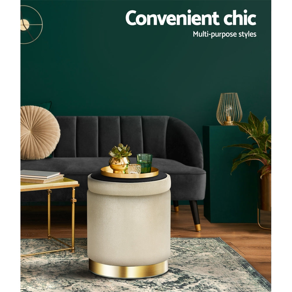 Ottoman Storage Foot Stool Round Velvet - Cream