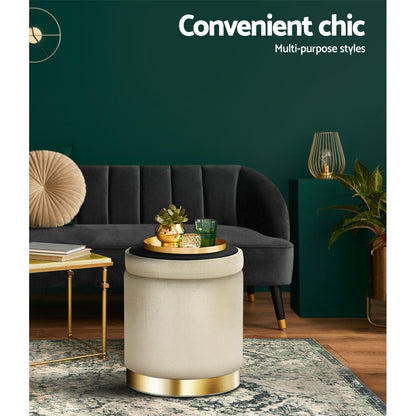 Ottoman Storage Foot Stool Round Velvet - Cream