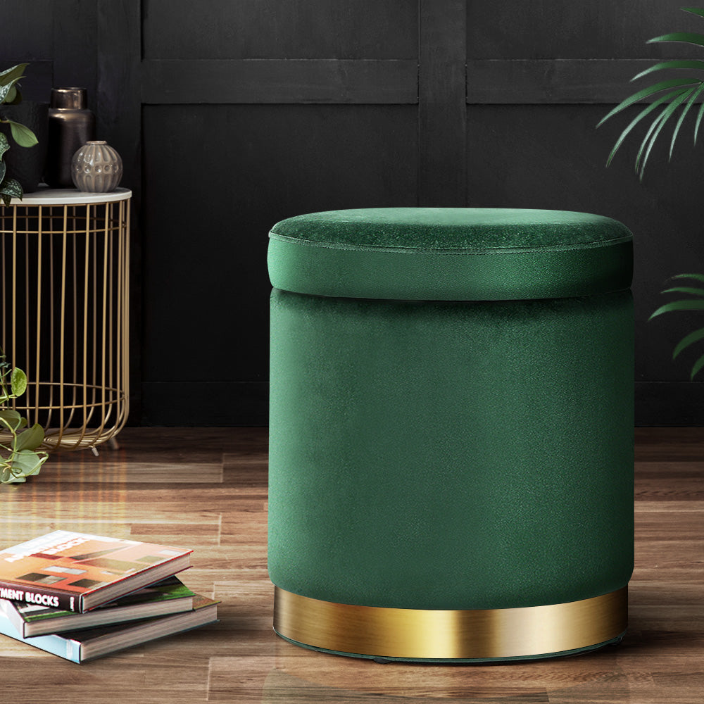 Ottoman Storage Foot Stool Round Velvet - Green
