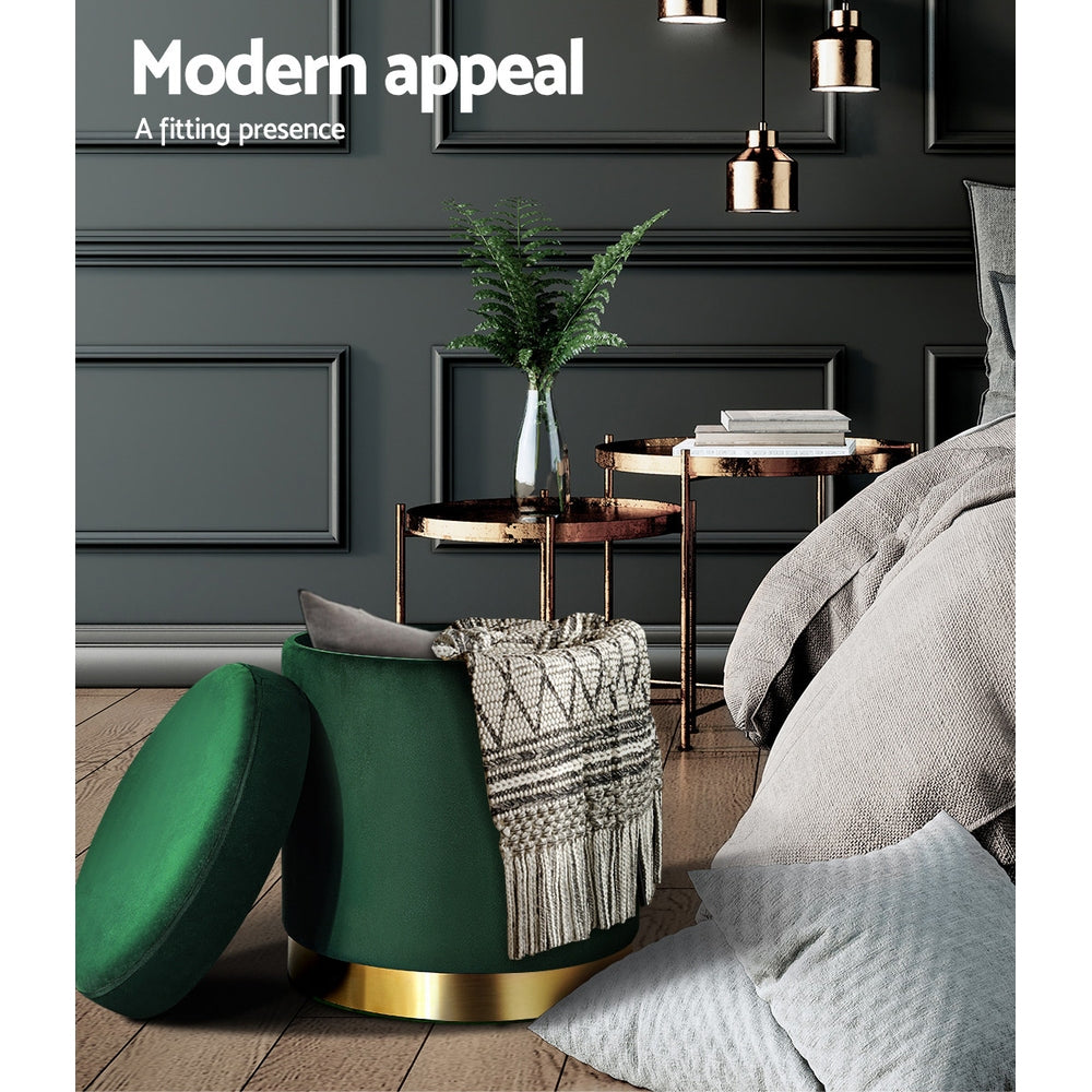 Ottoman Storage Foot Stool Round Velvet - Green