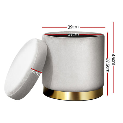 Ottoman Storage Foot Stool Round Velvet - Grey