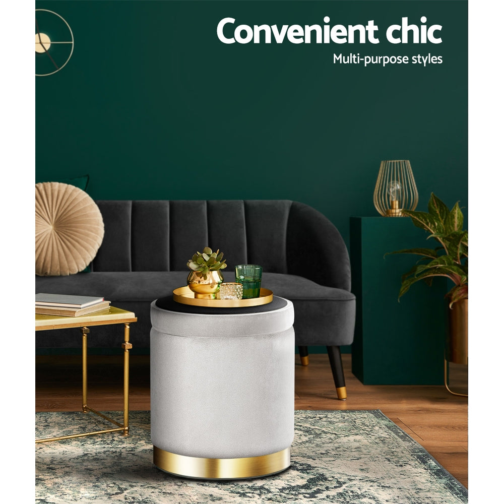 Ottoman Storage Foot Stool Round Velvet - Grey