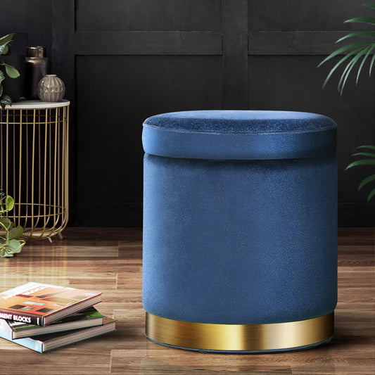 Ottoman Storage Foot Stool Round Velvet - Navy
