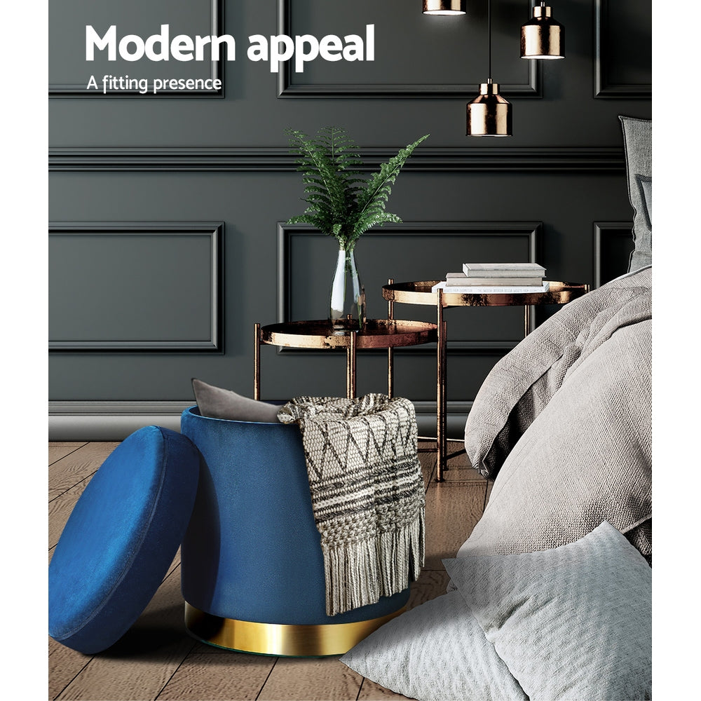 Ottoman Storage Foot Stool Round Velvet - Navy