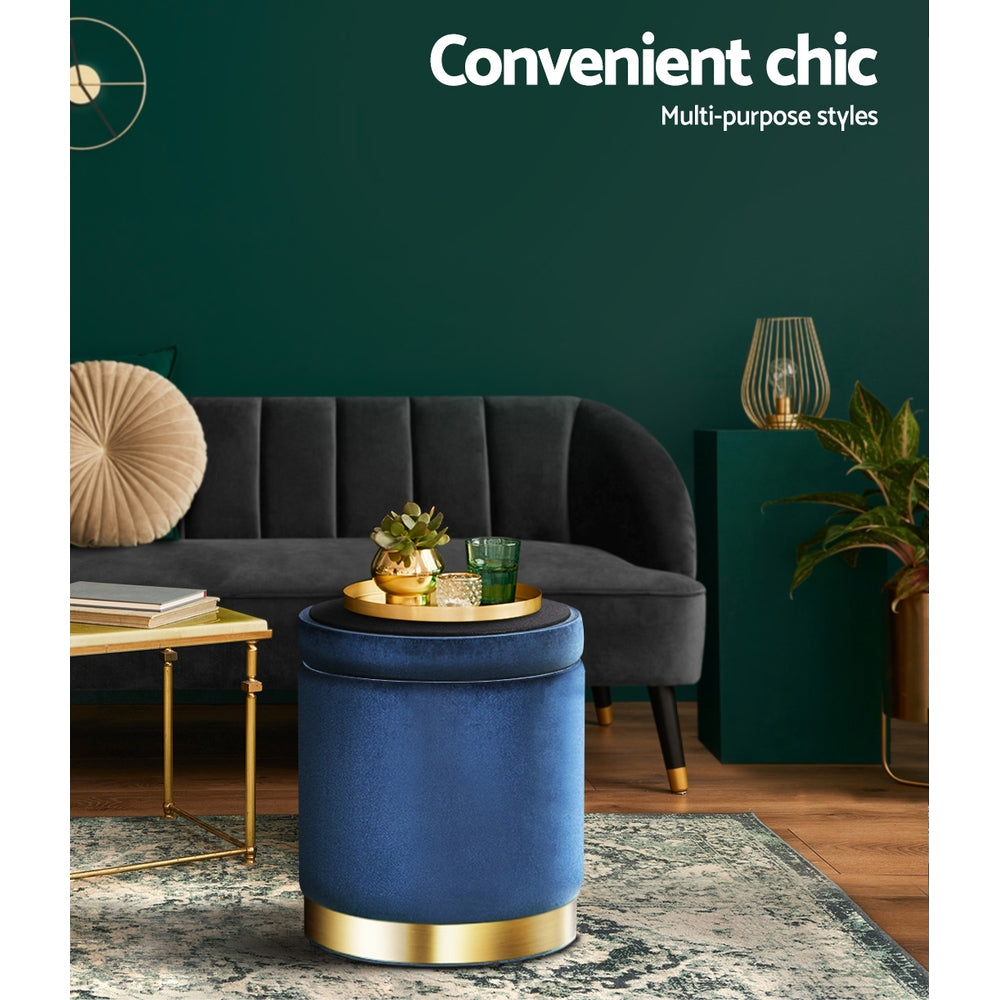 Ottoman Storage Foot Stool Round Velvet - Navy
