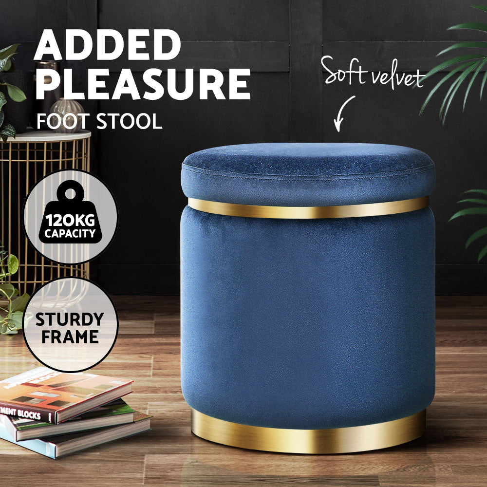 Ottoman Foot Stool Round Velvet - Navy