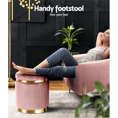 Ottoman Foot Stool Round Velvet - Pink