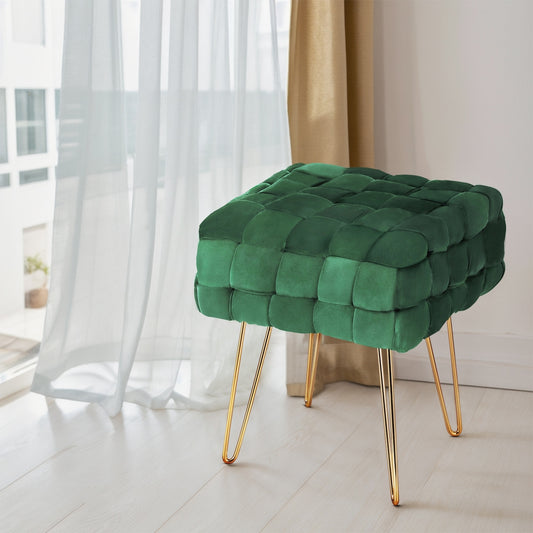 Cleo Ottoman Foot Stool Vanity Woven Velvet - Green