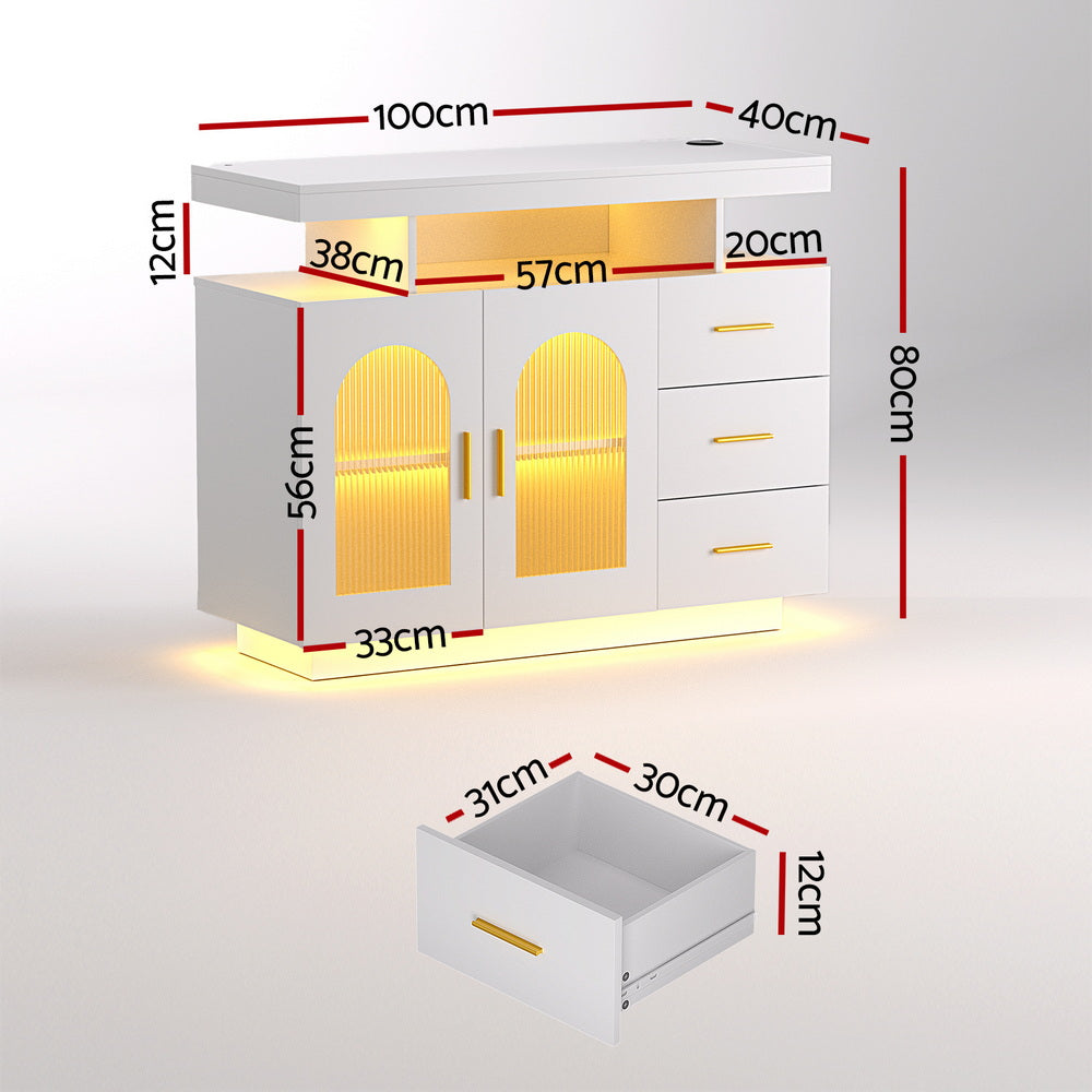 LED  Buffet Sideboard Cabinet with Drawers - White