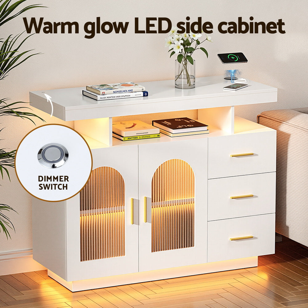 LED  Buffet Sideboard Cabinet with Drawers - White