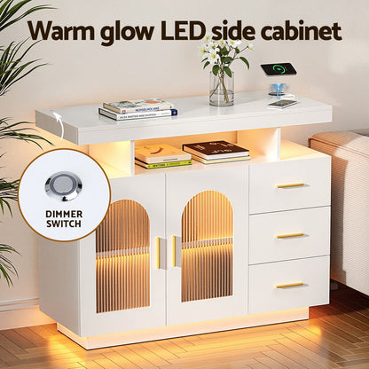 LED  Buffet Sideboard Cabinet with Drawers - White