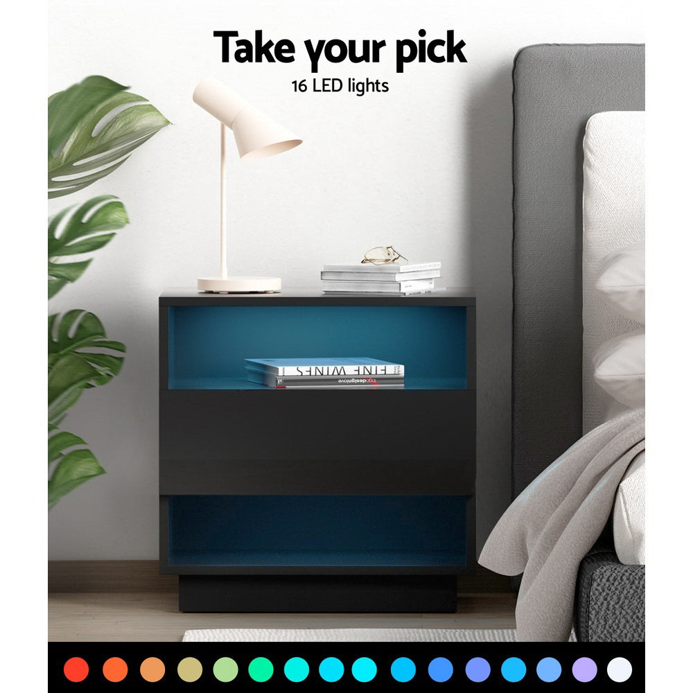 Hana Bedside Table LED with 2 Shelves - Black