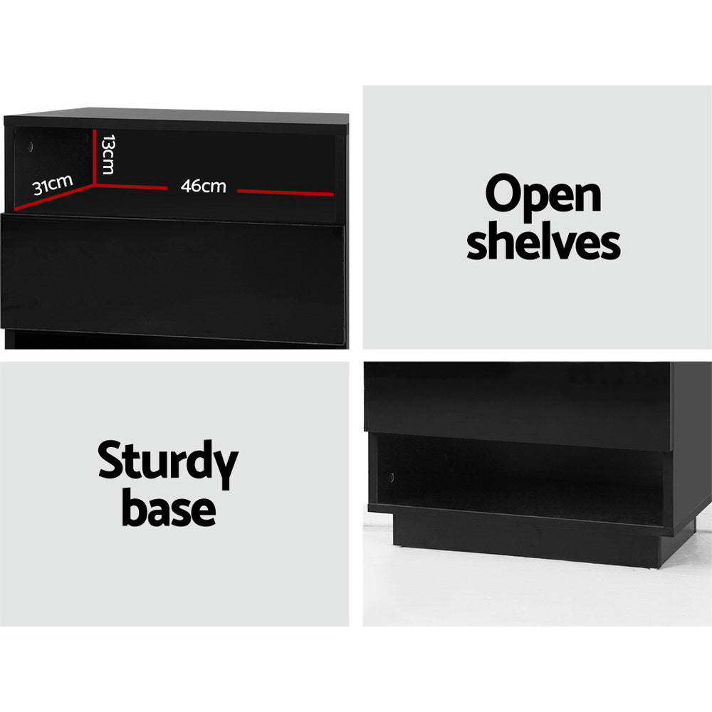 Hana Bedside Table LED with 2 Shelves - Black