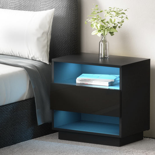 Hana Bedside Table LED with 2 Shelves - Black