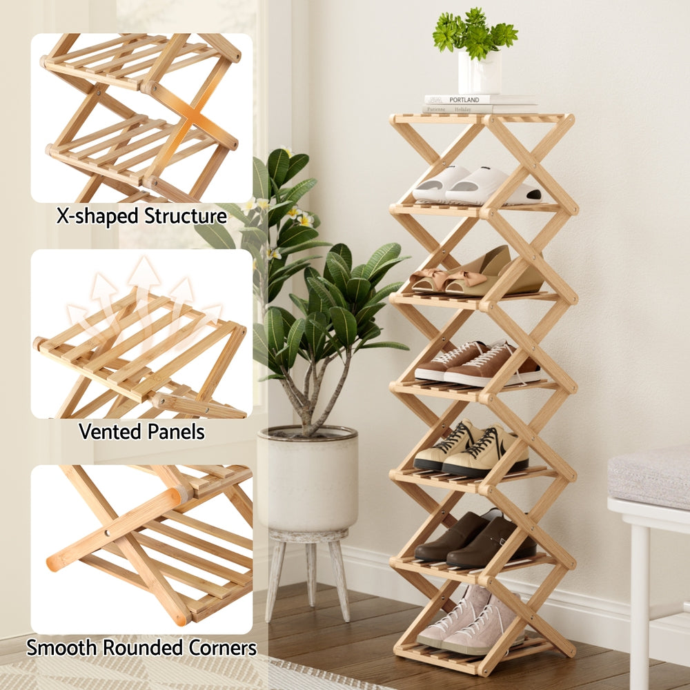 7 Tier Bamboo Foldable Shoe Rack Organizer