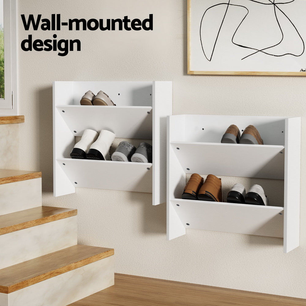 Set of 2 Wall Mounted Shoe Racks 2-tier 12 Pairs - White