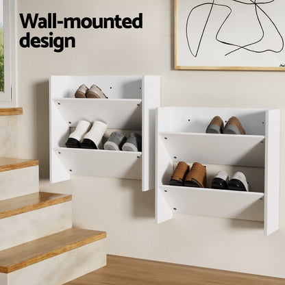 Set of 2 Wall Mounted Shoe Racks 2-tier 12 Pairs - White