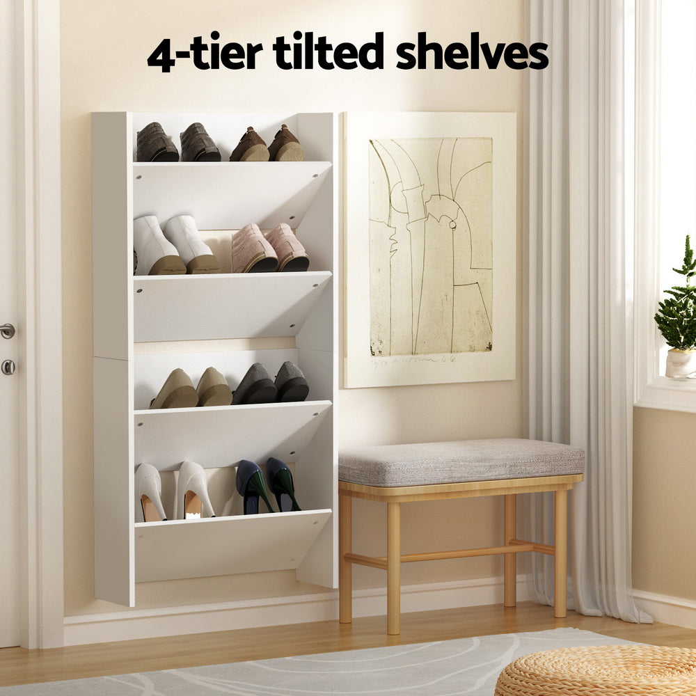 Set of 2 Wall Mounted Shoe Racks 2-tier 12 Pairs - White