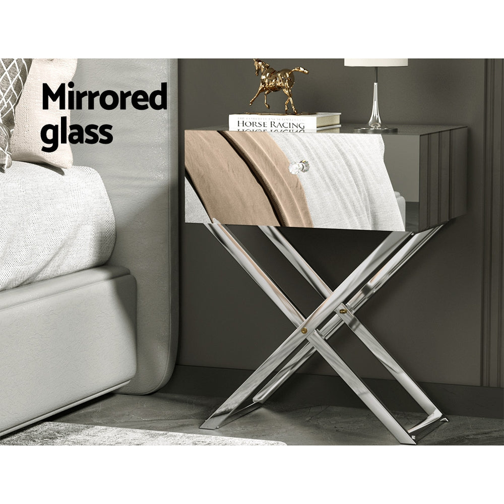 Moco Mirrored Bedside Table Drawers Nightstand - Silver