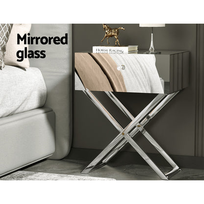 Moco Mirrored Bedside Table Drawers Nightstand - Silver