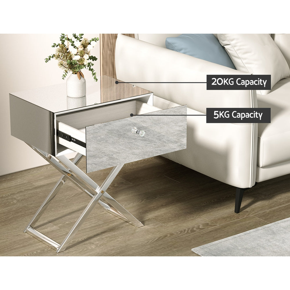 Moco Mirrored Bedside Table Drawers Nightstand - Silver