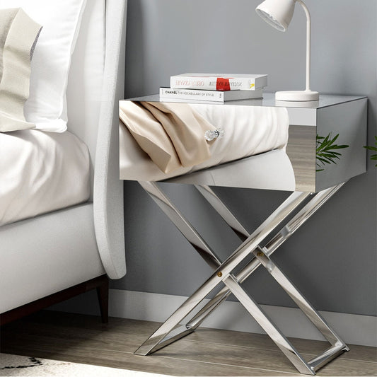 Moco Mirrored Bedside Table Drawers Nightstand - Silver