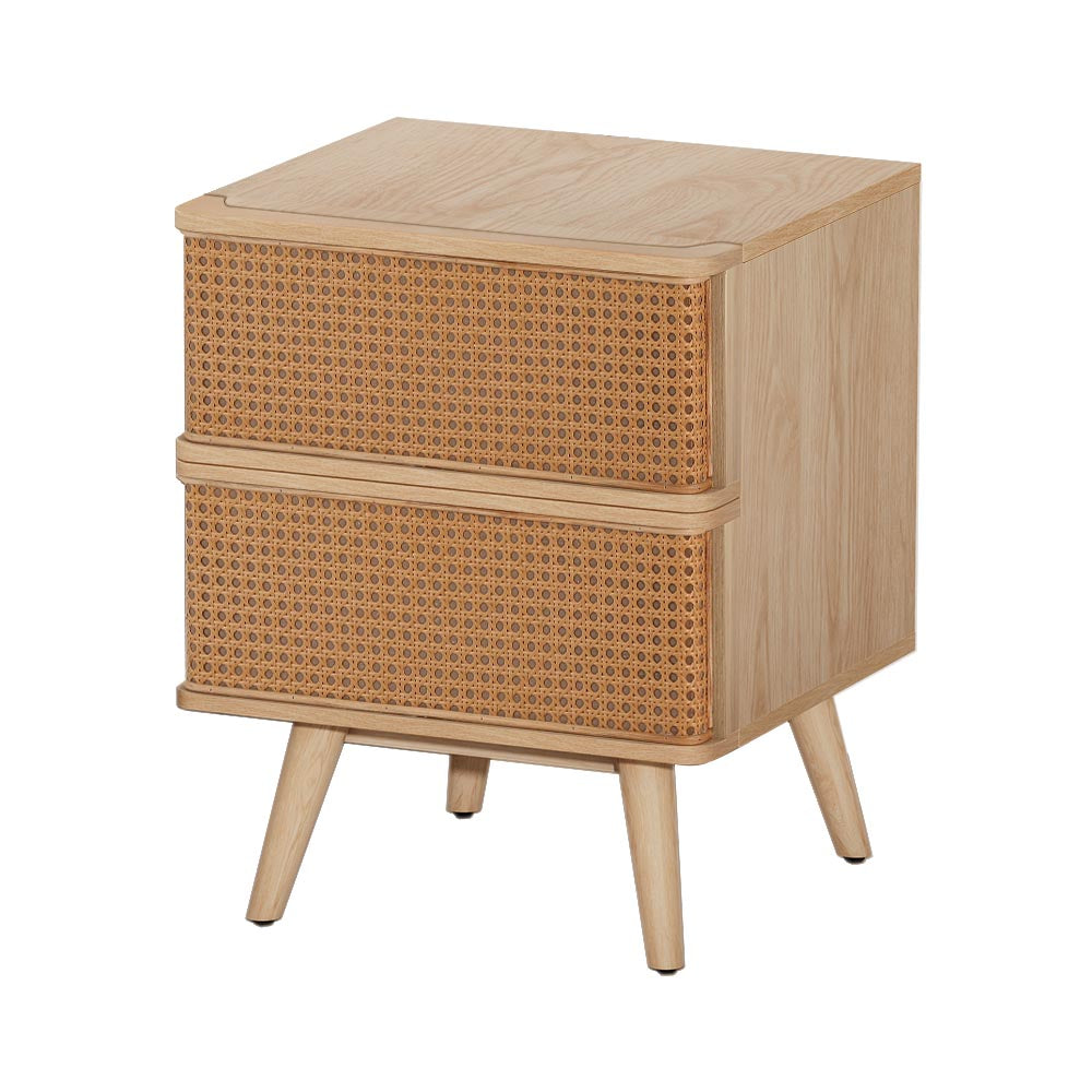 Nora Rattan Bedside Table Drawers Nightstand - Oak