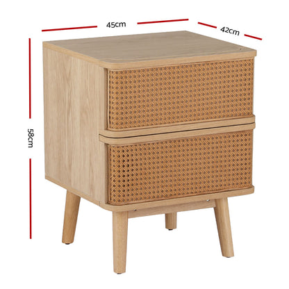 Nora Rattan Bedside Table Drawers Nightstand - Oak