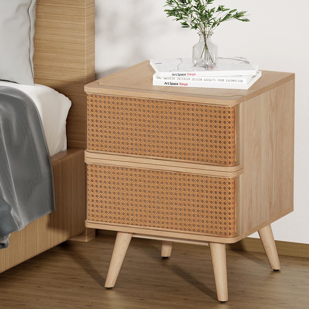 Nora Rattan Bedside Table Drawers Nightstand - Oak