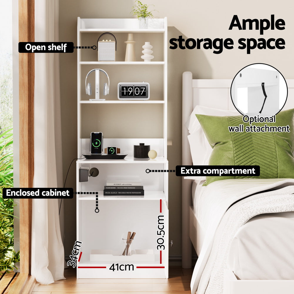 Bedside Table Nightstand Charging Station - White