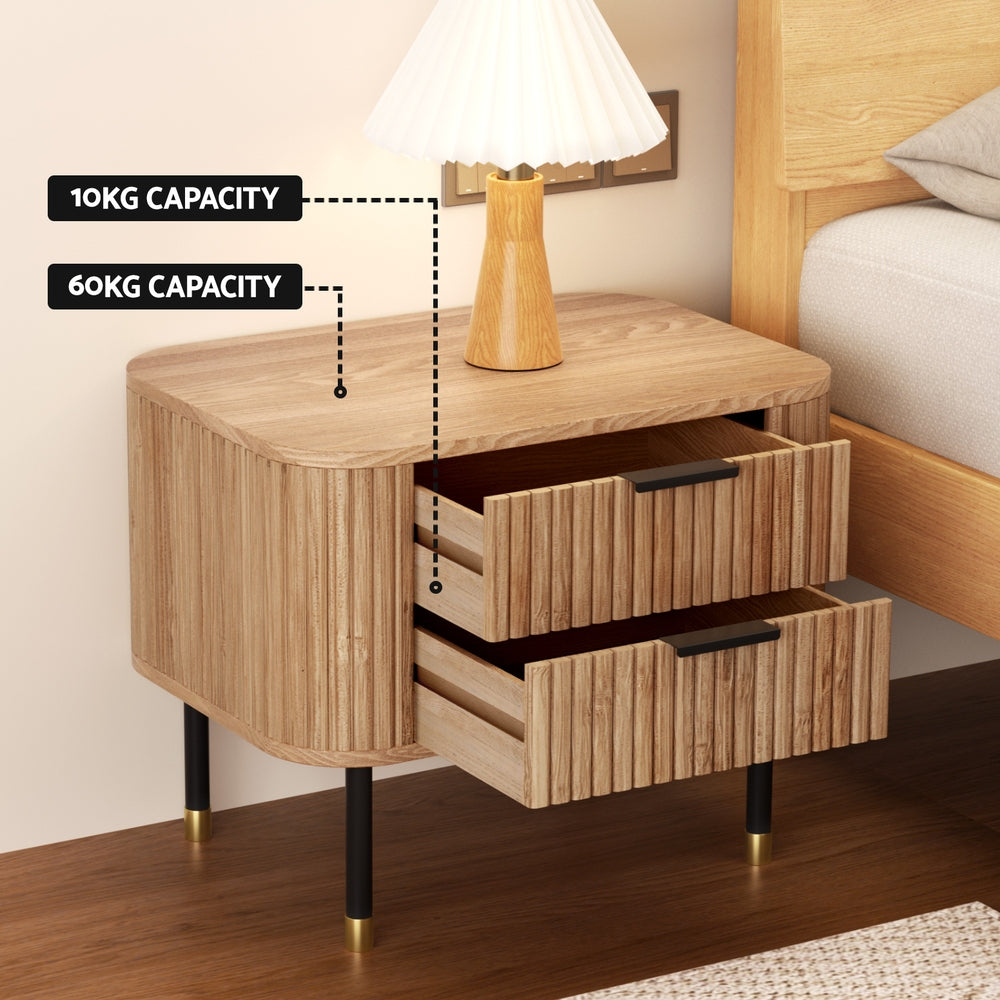 Paulownia Wood Bedside Table 2 Drawers - Pine
