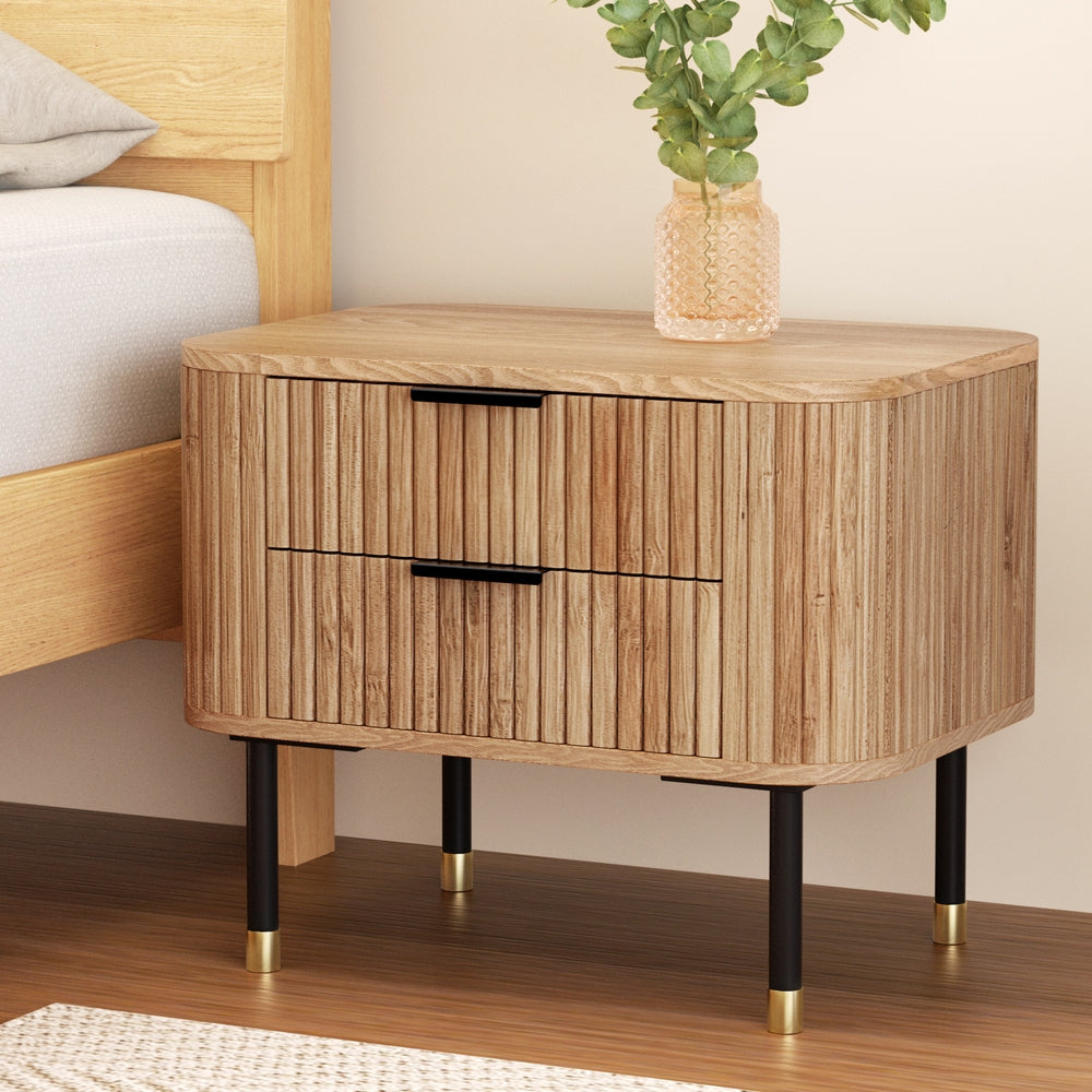 Paulownia Wood Bedside Table 2 Drawers - Pine