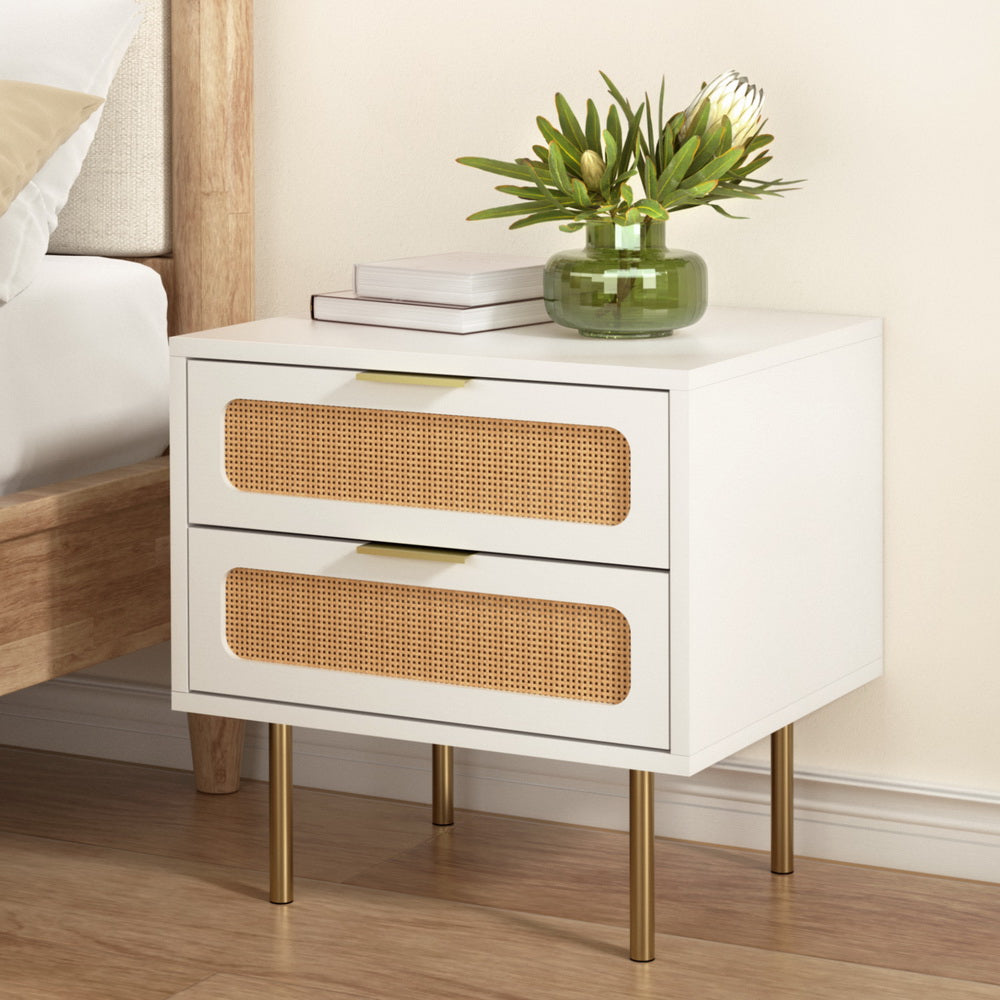 Rattan Bedside Table 2 Drawers Pine