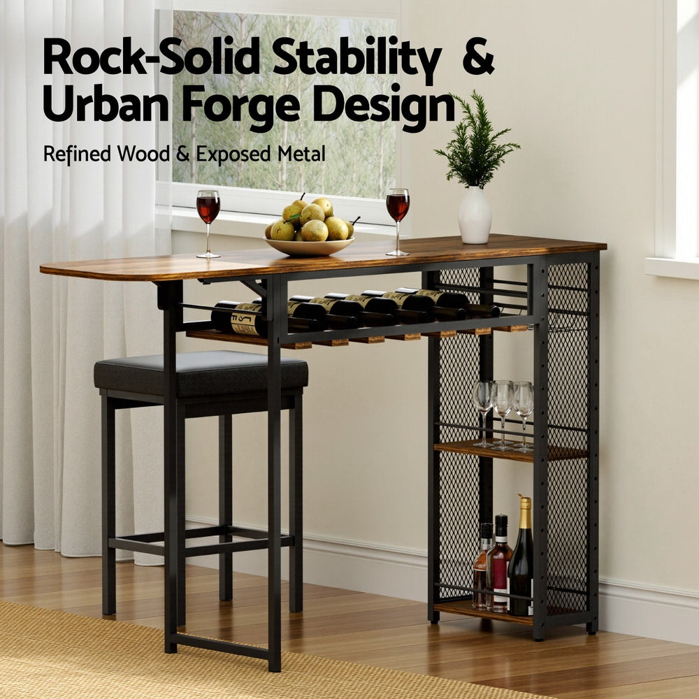 Industrial Bar Table with Wine Rack Extendable 140cm - Walnut