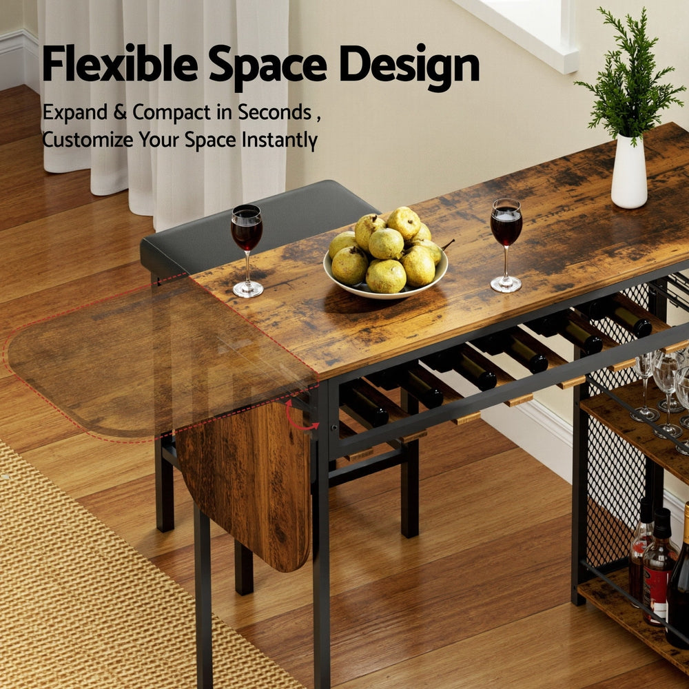 Industrial Bar Table with Wine Rack Extendable 140cm - Walnut