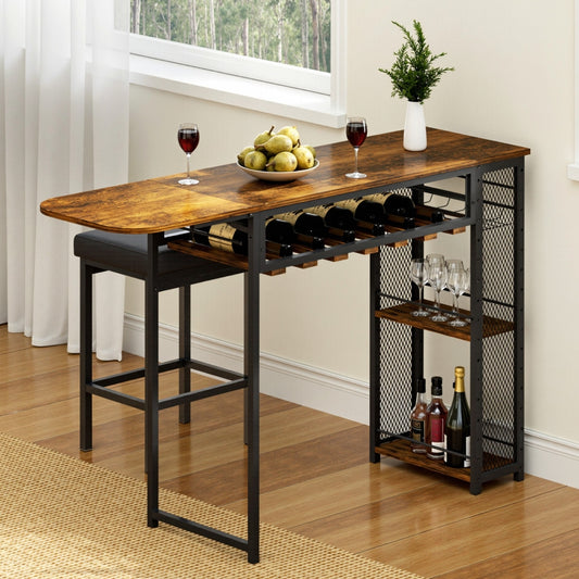 Industrial Bar Table with Wine Rack Extendable 140cm - Walnut