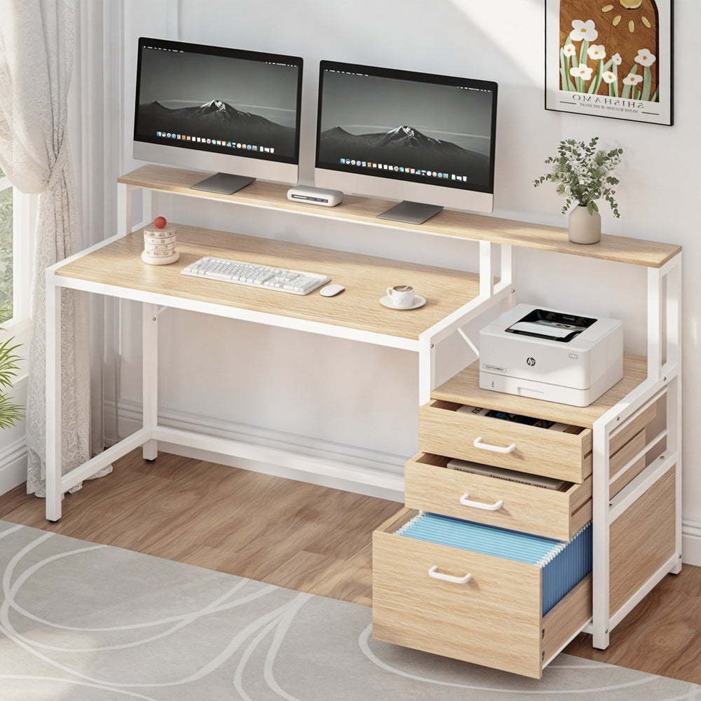 Computer Desk Home Office Desk w/Drawers Open Shelf 160CM - Oak