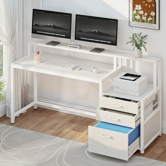 Computer Desk Home Office Desk w/Drawers Open Shelf 160CM - White