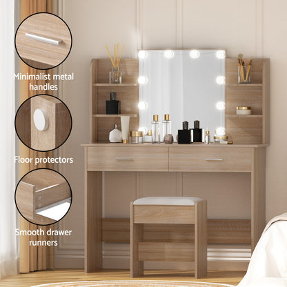 Dressing Table Set Stool 10 LED Bulbs - Wood