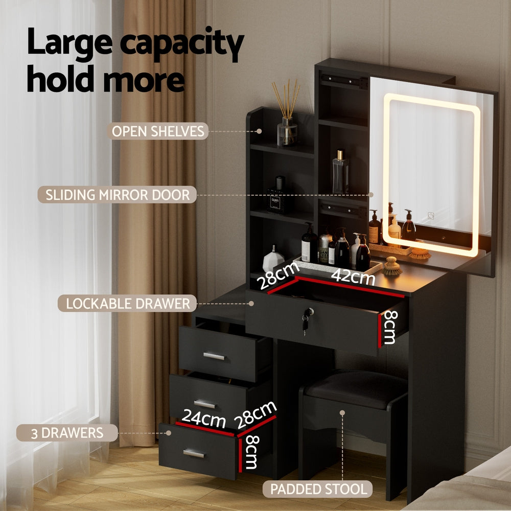 Dressing Table Vanity Desk Set Stool LED - Black