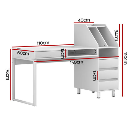 Computer Desk Office Study Desks Table Drawer Bookshelf - White